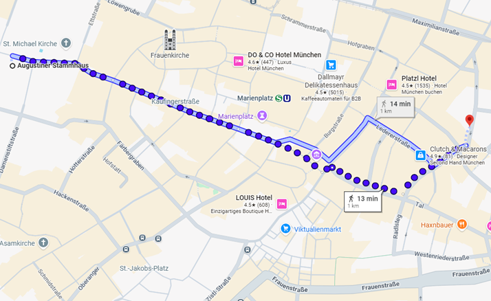 Wegbeschreibung vom Augustiner Stammhaus zum Mandarin Oriental Munich
