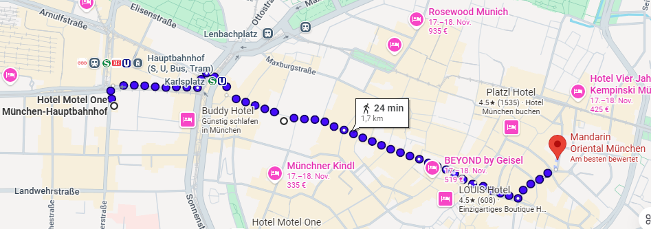 Gesamtübersicht der Wege zwischen Motel One, Augustiner Stammhaus, Mandarin Oriental Munich und Marienplatz