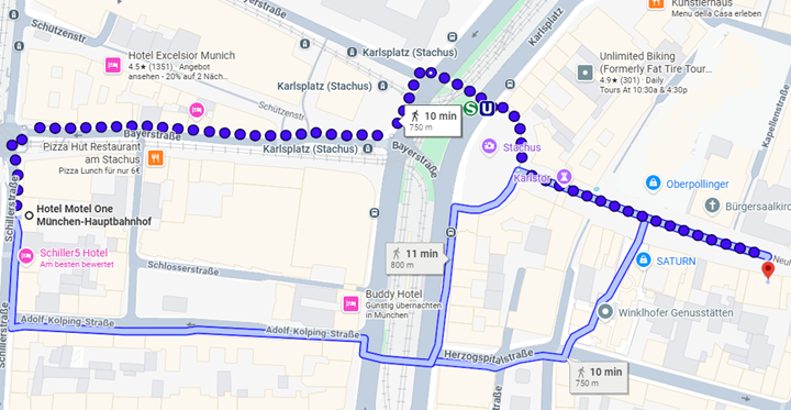 Wegbeschreibung vom Motel One München zum Augustiner Stammhaus