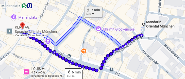 Wegbeschreibung vom Mandarin Oriental Munich zum S- und U-Bahnhof Marienplatz